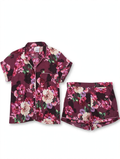 Peacocks Floral Satin Pyjama Set – Short Sleeve Shirt & Shorts (Burgundy, Size 14-16)