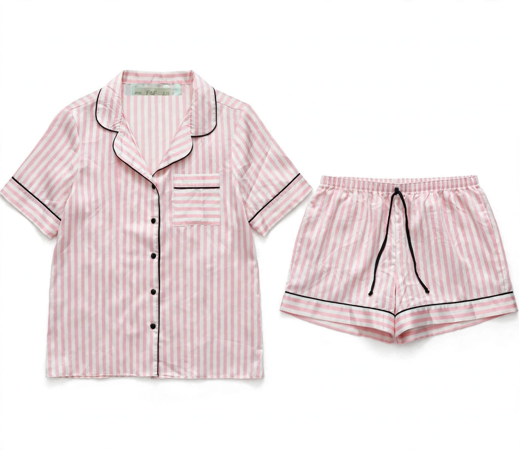 F&F pink stripe satin pyjama set – shirt and shorts with original brand label