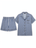 PrettyLittleThing Striped Satin Pyjama Set – Shirt & Shorts (Blue & White, Size L)