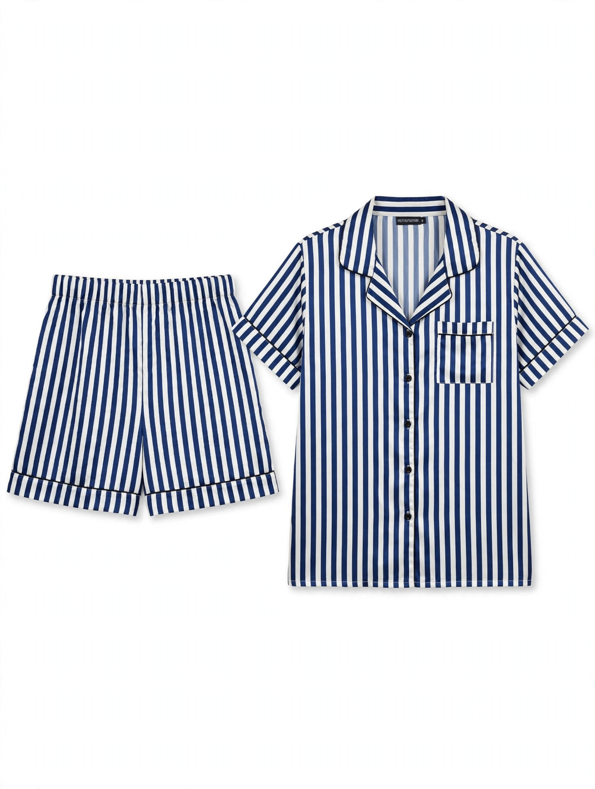 PrettyLittleThing Striped Satin Pyjama Set – Shirt & Shorts (Blue & White, Size L)