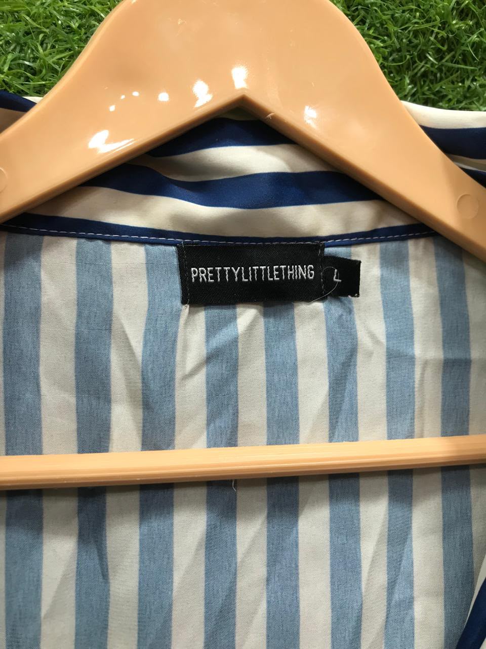 PrettyLittleThing Striped Satin Pyjama Set – Shirt & Shorts (Blue & White, Size L)