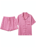 Primark Satin Pyjama Set – Geometric Monogram Print Shirt & Shorts (Pink, Size M)