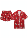 Women's Satin Christmas Pyjama Set – Reindeer & Snowflake Print Shirt & Shorts (Red, Size S)