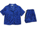 Royal blue leopard print satin pyjama set, short sleeve shirt and shorts