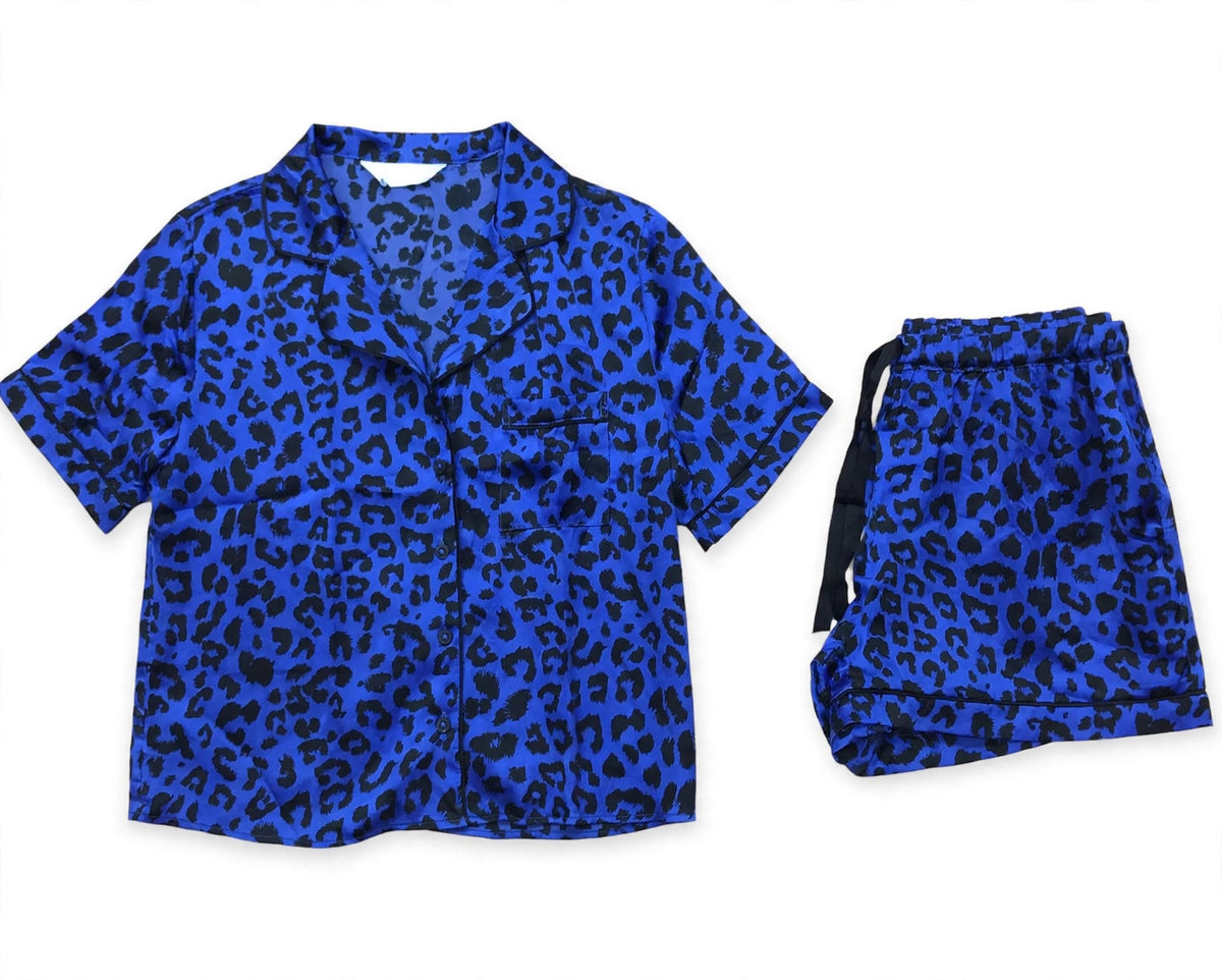 Royal blue leopard print satin pyjama set, short sleeve shirt and shorts