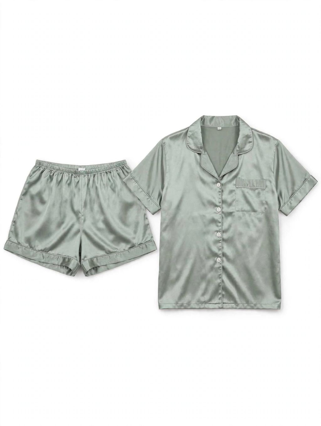Women's Satin Night Suit – Short Sleeve Shirt & Shorts Pyjama Set (Sage Green, Size L)