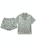 Women's Satin Night Suit – Short Sleeve Shirt & Shorts Pyjama Set (Sage Green, Size L)