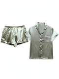 Women's Satin Night Suit – Short Sleeve Shirt & Shorts Pyjama Set (Sage Green with White Piping, Size L)