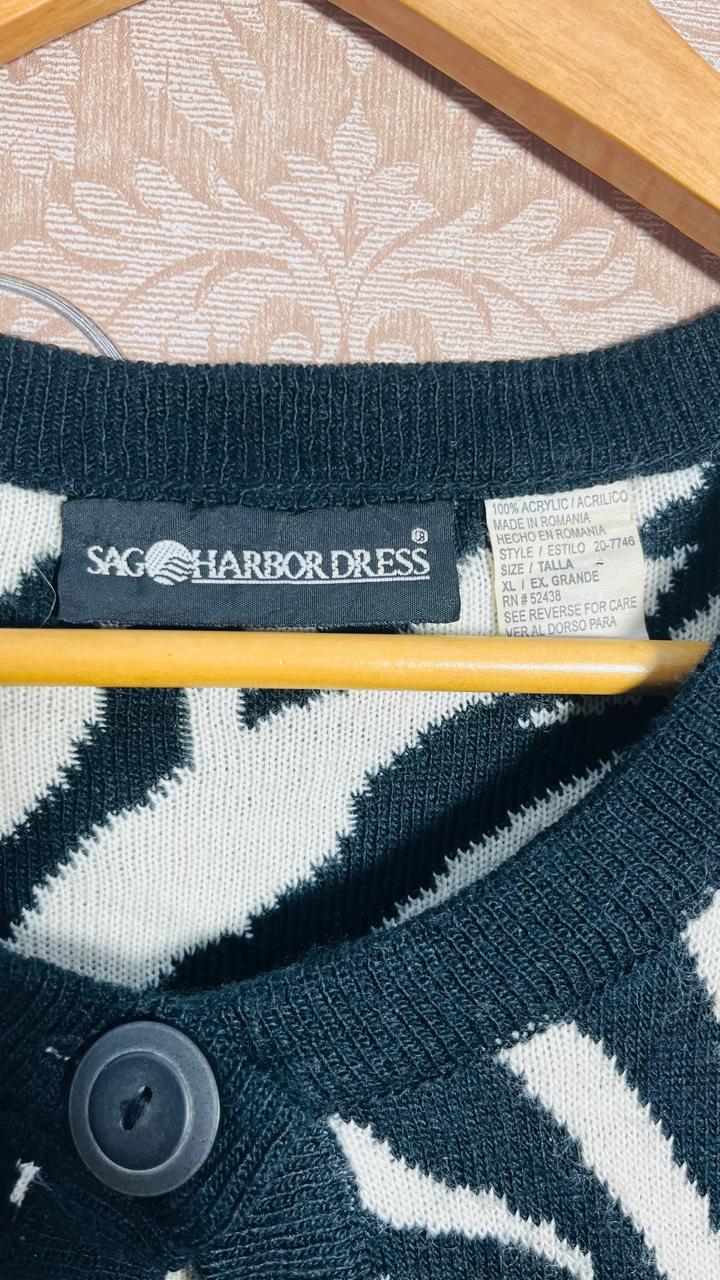 Sag Harbor Black & White Zebra-Stripe Knit Cardigan (Size XL)