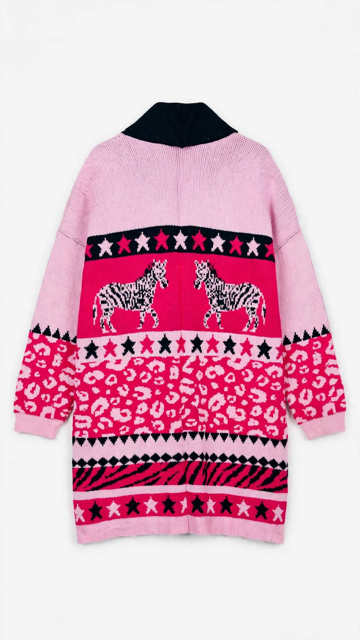 Savida Pink Zebra and Star Shawl-Collar Cardigan (Size L)