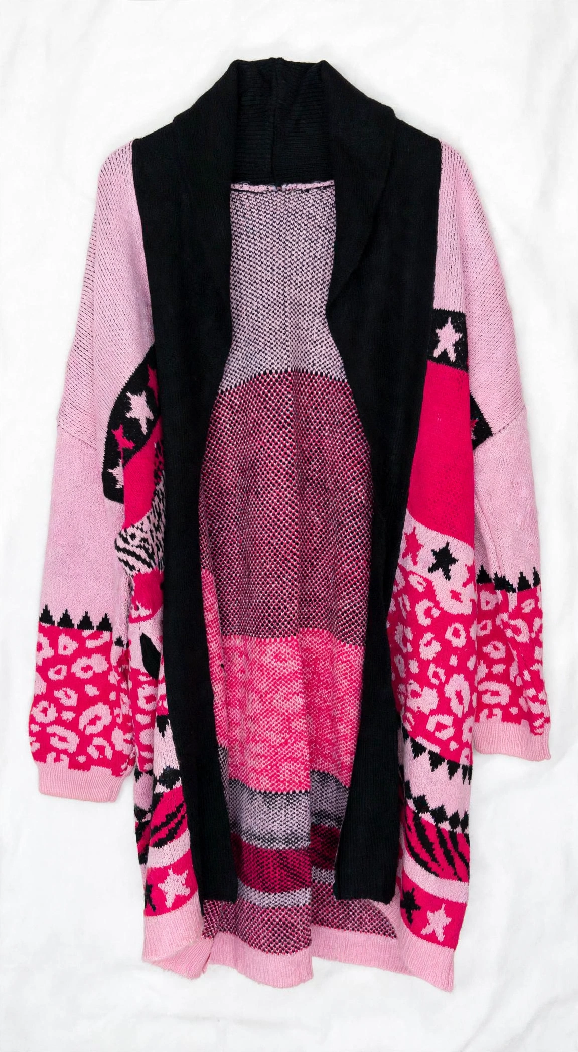 Savida Pink Zebra and Star Shawl-Collar Cardigan (Size L)