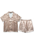 Champagne striped satin pyjama set with white stripes, short sleeve shirt and shorts