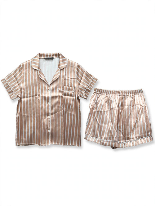 Champagne striped satin pyjama set with white stripes, short sleeve shirt and shorts