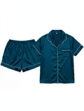 Women's Satin Night Suit – Short Sleeve Shirt & Shorts Pyjama Set (Teal with White Piping, Size M)