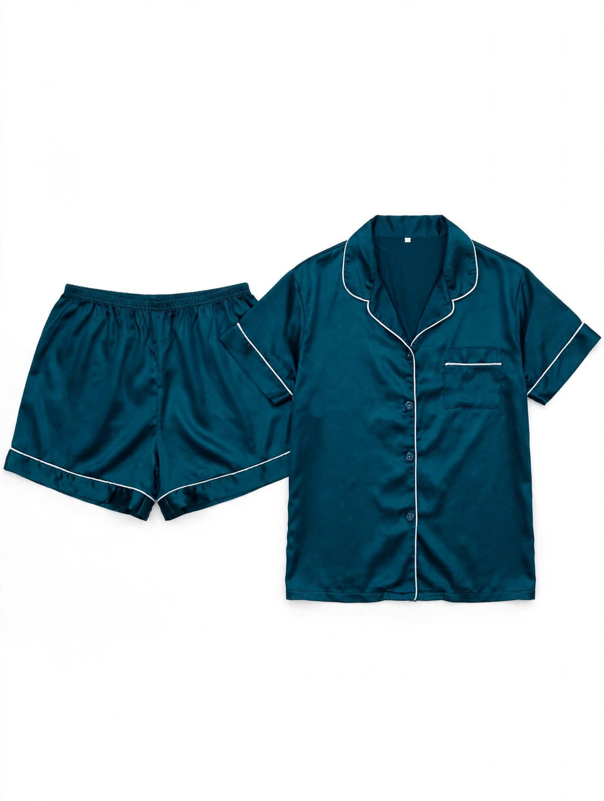 Women's Satin Night Suit – Short Sleeve Shirt & Shorts Pyjama Set (Teal with White Piping, Size M)