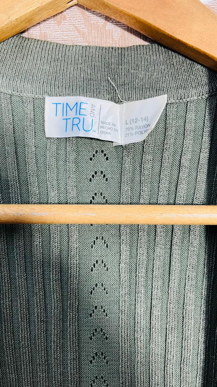 Time and Tru Sage Green Ribbed Longline Cardigan (Size L 12-14)
