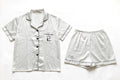 White satin pyjama set with Elly embroidery and E initial, short sleeve shirt and shorts